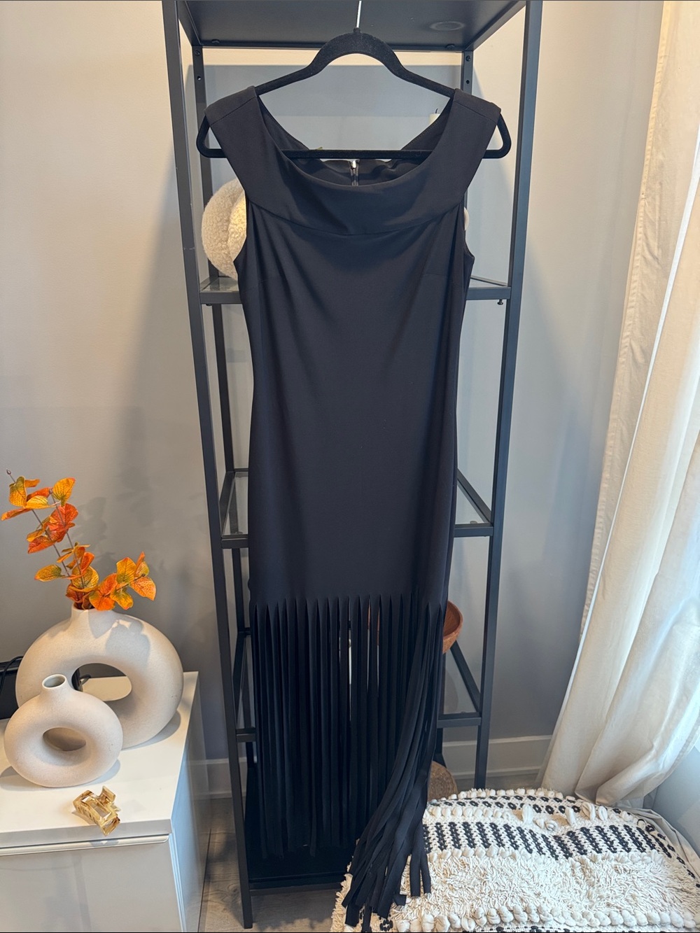 Black Sleeveless Fringe Hem Maxi Dress